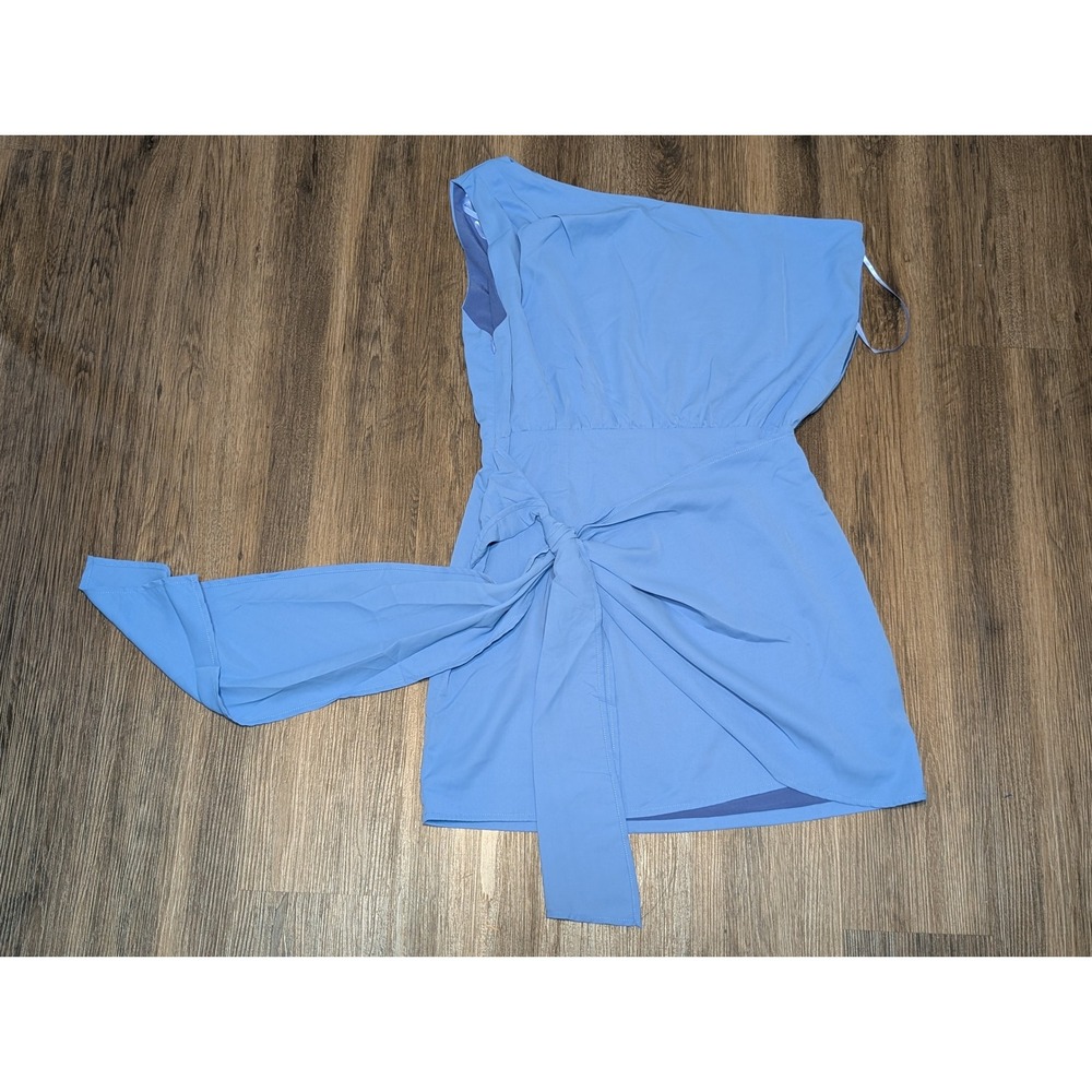 RNWY Sydney Charisma Matte One Shoulder Tie Waist Mini Dress Womens‎ L Blue NWT